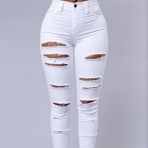 Fashion Nova High Waisted White Ripped Skinny Jean